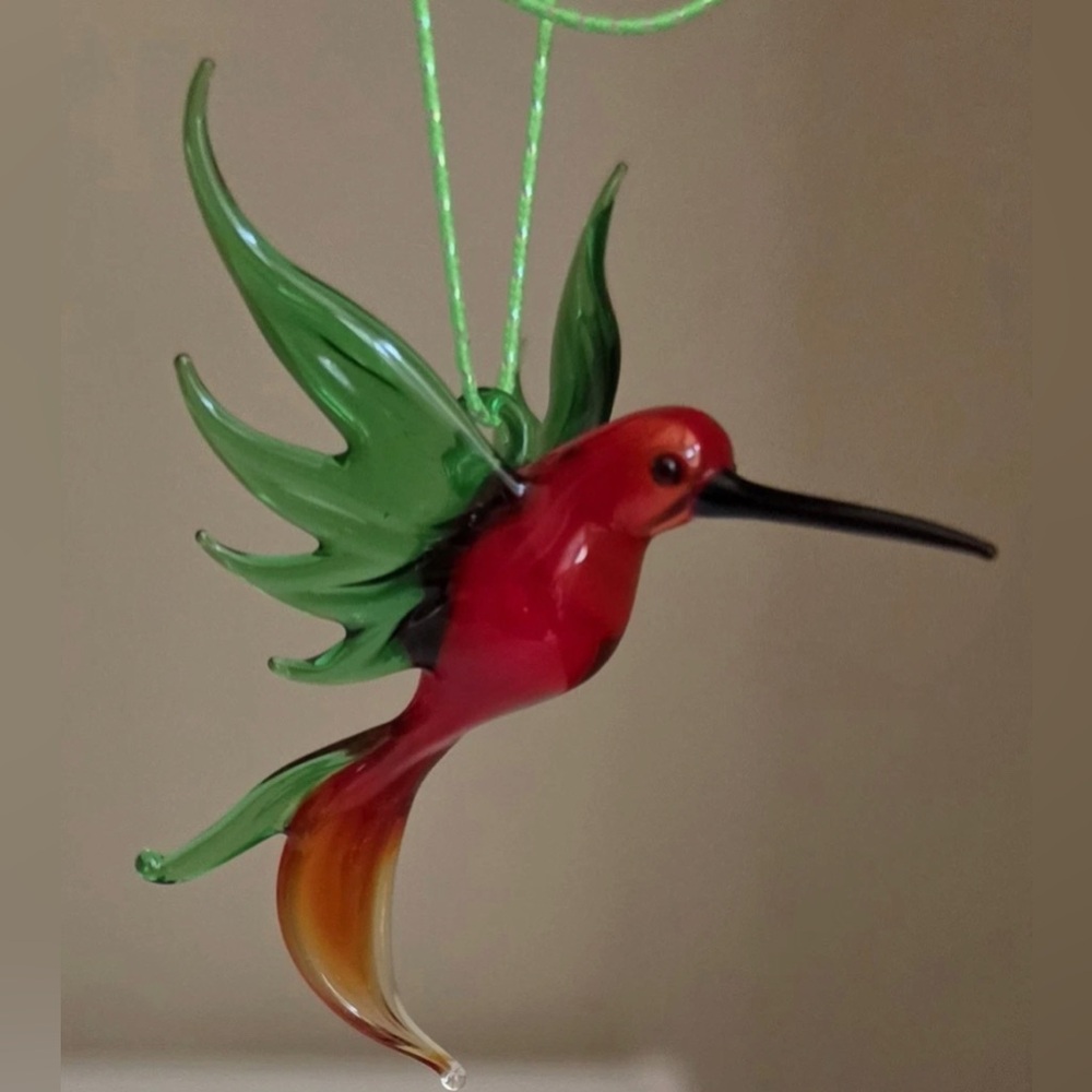Precious Hand Blown Art Glass Hummingbird Ornament Red & Green Hanging Decor